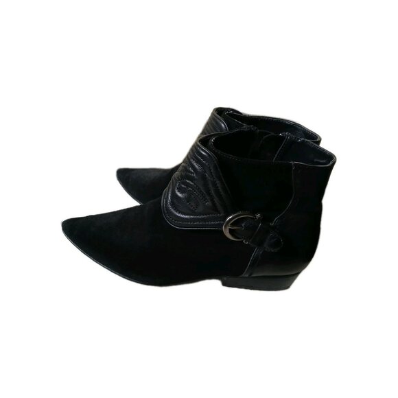 ZARA Womens 7.5  Suede Quilted Leather Ankle Black Pointed Toe Western Booties - Picture 3 of 8